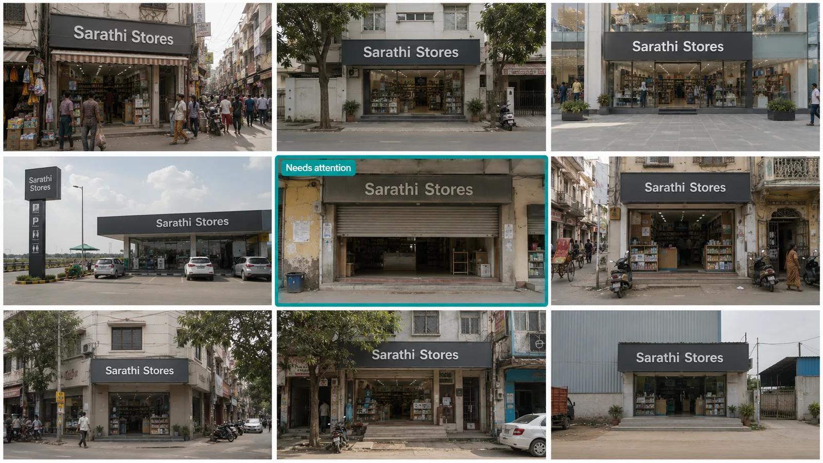 A grid of nine storefront photographs of the same retail chain in different Indian streetscapes, each signboard reading Sarathi Stores. One tile is outlined in teal and tagged Needs attention, and in it the shutter is half down and the sign unlit