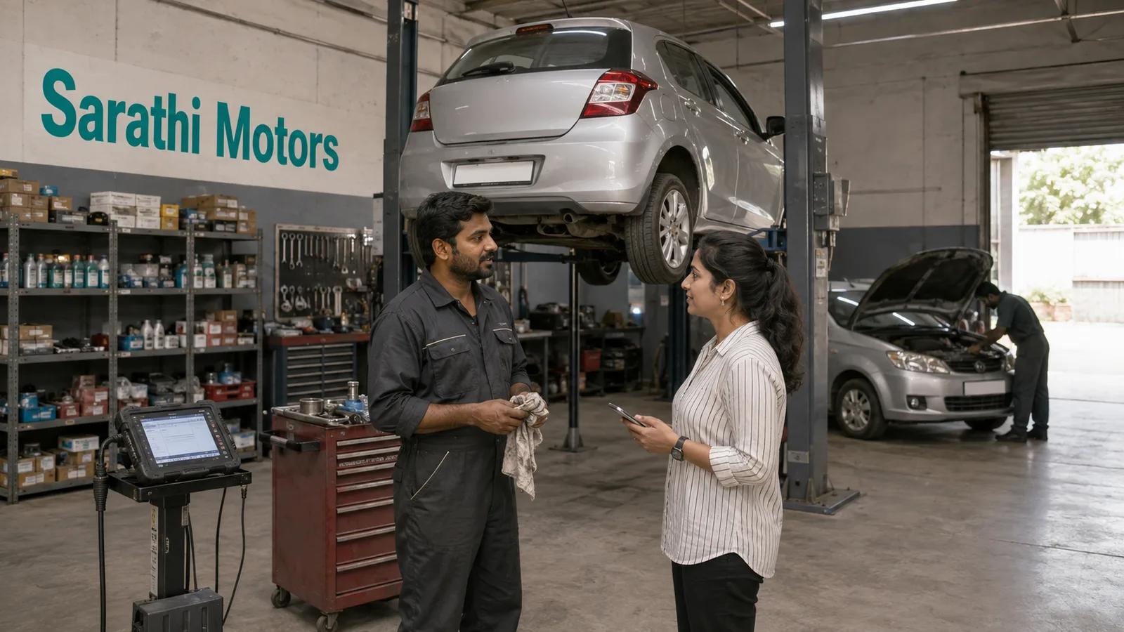 A multi-brand car workshop in India with a hatchback raised on a two-post lift and a mechanic in overalls talking to a woman customer beside it, tool trolleys and parts shelves behind them, and a banner on the rear wall reading Sarathi Motors