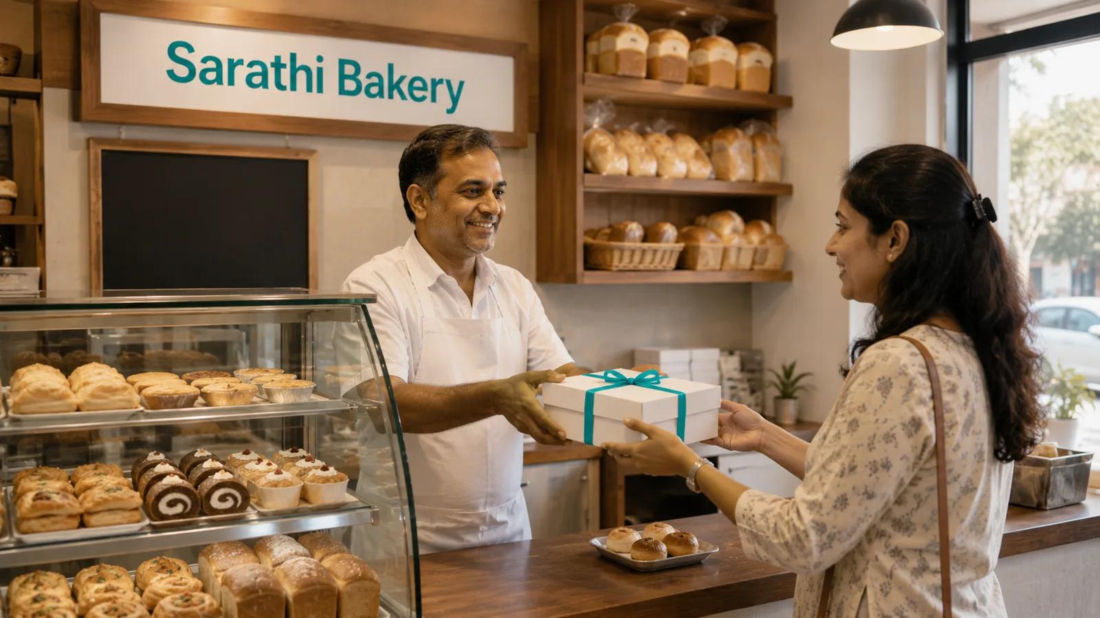 A baker in an apron handing a boxed custom cake across the counter to a smiling woman customer in a warmly lit neighbourhood bakery, a glass display case of pastries and breads beside them, and a signboard above reading Sarathi Bakery