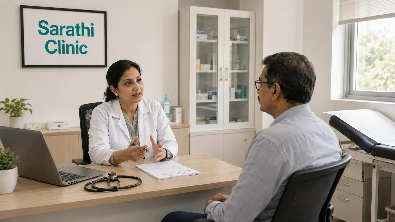 A doctor in a white coat seated at a desk in a clean consultation room, turned towards a seated male patient mid-conversation, with a stethoscope, a laptop and a prescription pad on the desk and a framed sign on the wall behind reading Sarathi Clinic