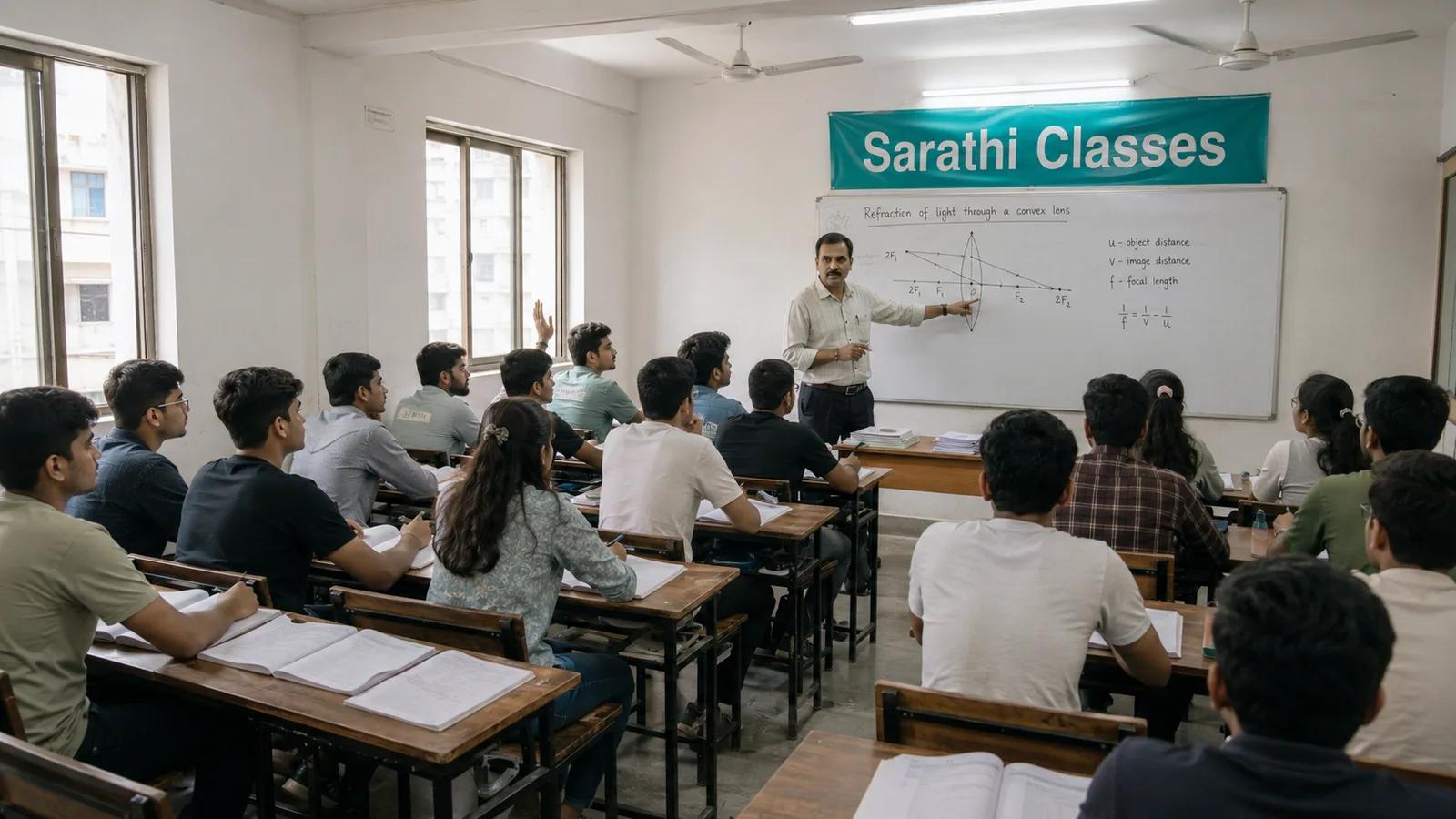 A bright Indian coaching classroom with a teacher at a whiteboard explaining a physics diagram to about fifteen attentive students at desks, and a banner on the back wall reading Sarathi Classes