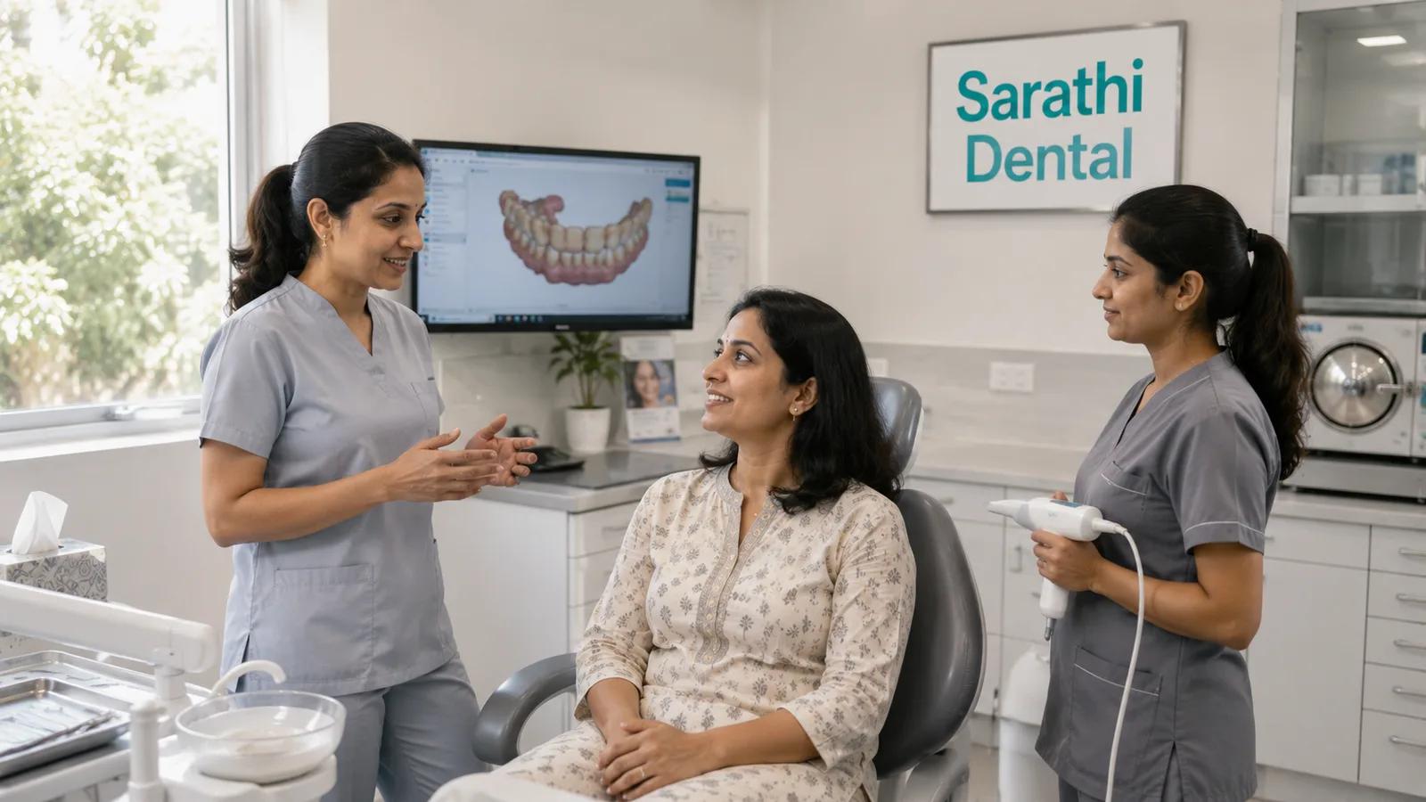 A dentist and an assistant in a bright modern surgery talking with a seated adult patient who is upright in the chair and relaxed, an intraoral scanner and a wall-mounted screen showing a dental scan beside them, and a sign on the wall reading Sarathi Dental