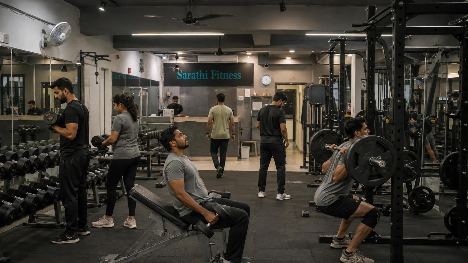 The free-weights floor of a busy neighbourhood Indian gym in the evening, with members training at a squat rack and a dumbbell rack, and a wall sign above reception reading Sarathi Fitness
