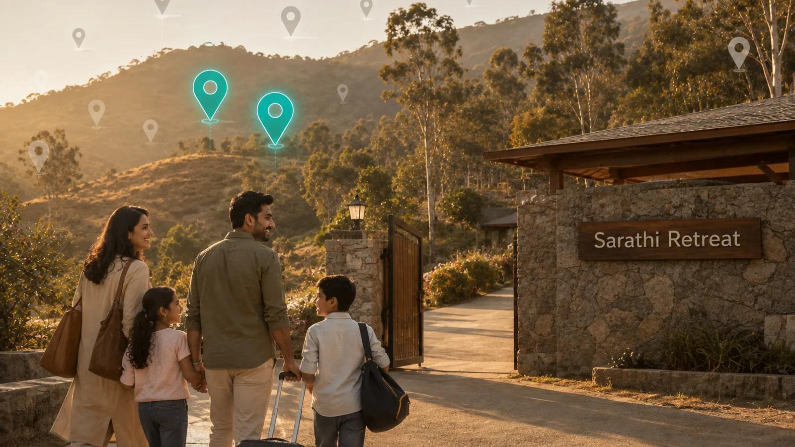 An Indian family of four walking toward the gateway of a hillside resort at golden hour, a stone signboard reading Sarathi Retreat on the right, and map pins floating above the hills — two glowing teal near the centre, the rest fading to grey toward the edges