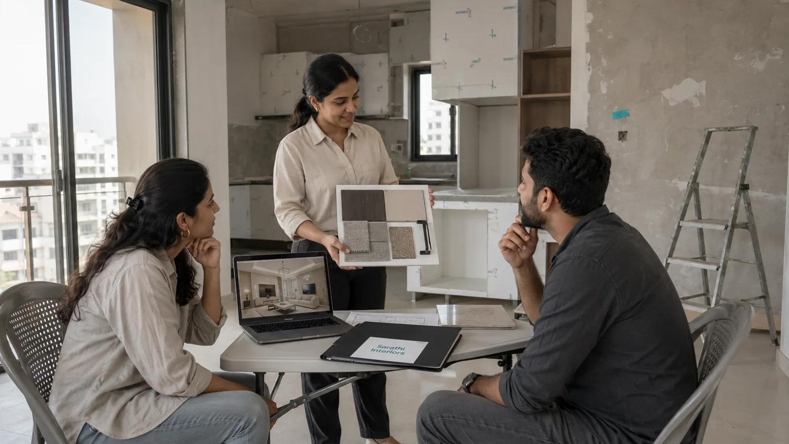 An Indian interior designer showing a material sample board and a laptop rendering to a couple in a partly finished apartment living room, with a modular kitchen visible behind them and a folder on the table marked Sarathi Interiors