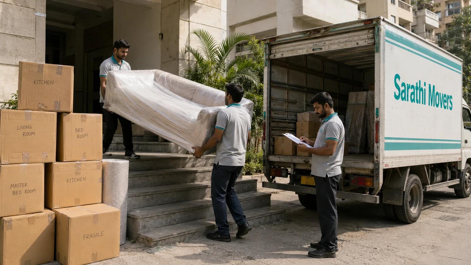 Two uniformed movers carrying a wrapped sofa down the steps of an Indian apartment building towards an open truck, with labelled cartons stacked beside them and the truck side panel reading Sarathi Movers
