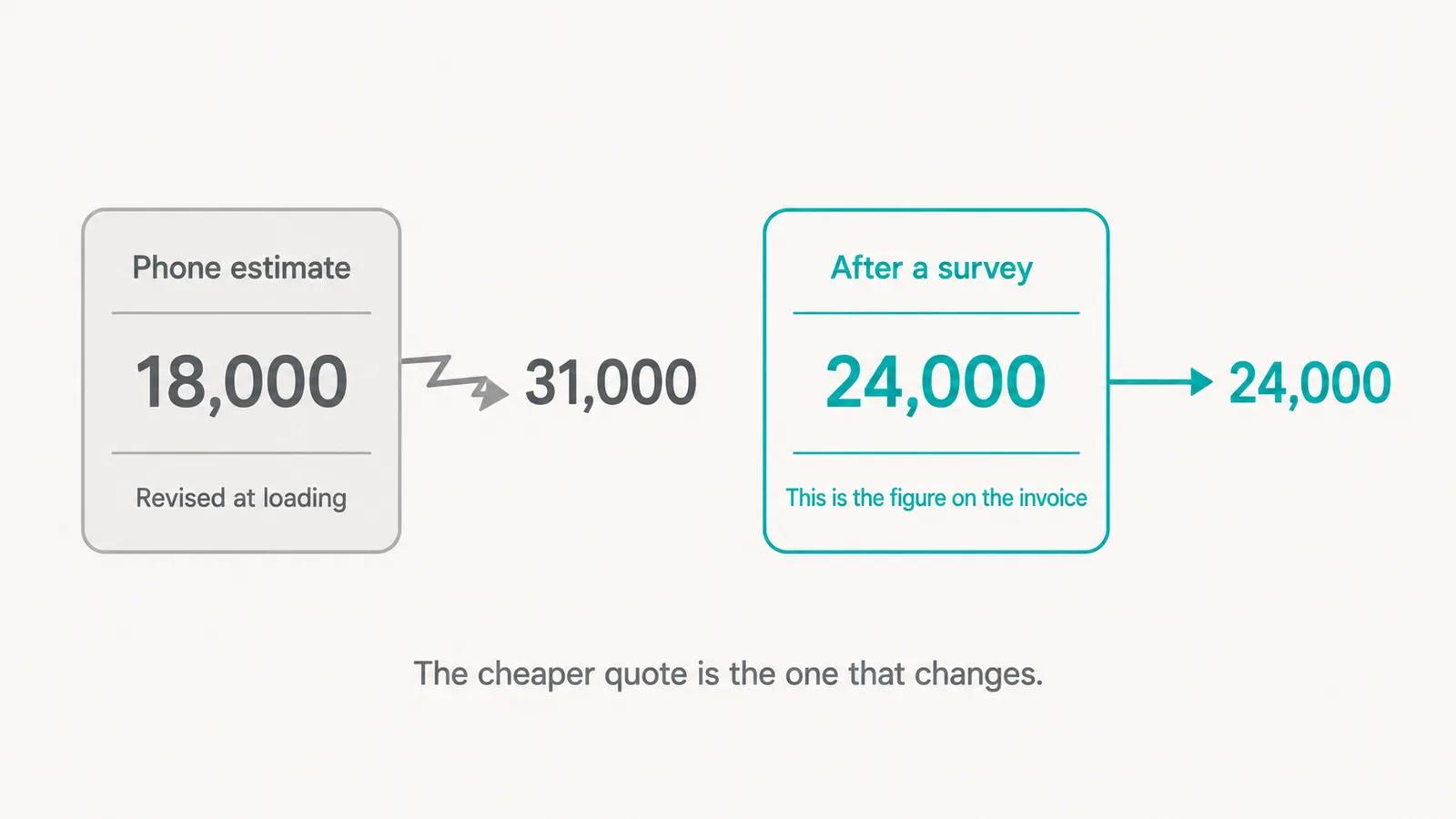 Two quote cards side by side. The grey one reads Phone estimate, shows a figure and a line reading Revised at loading, with a jagged arrow to a much larger figure. The teal one reads After a survey, shows a figure and a line reading This is the figure on the invoice, with a straight arrow to the same figure. A caption reads The cheaper quote is the one that changes