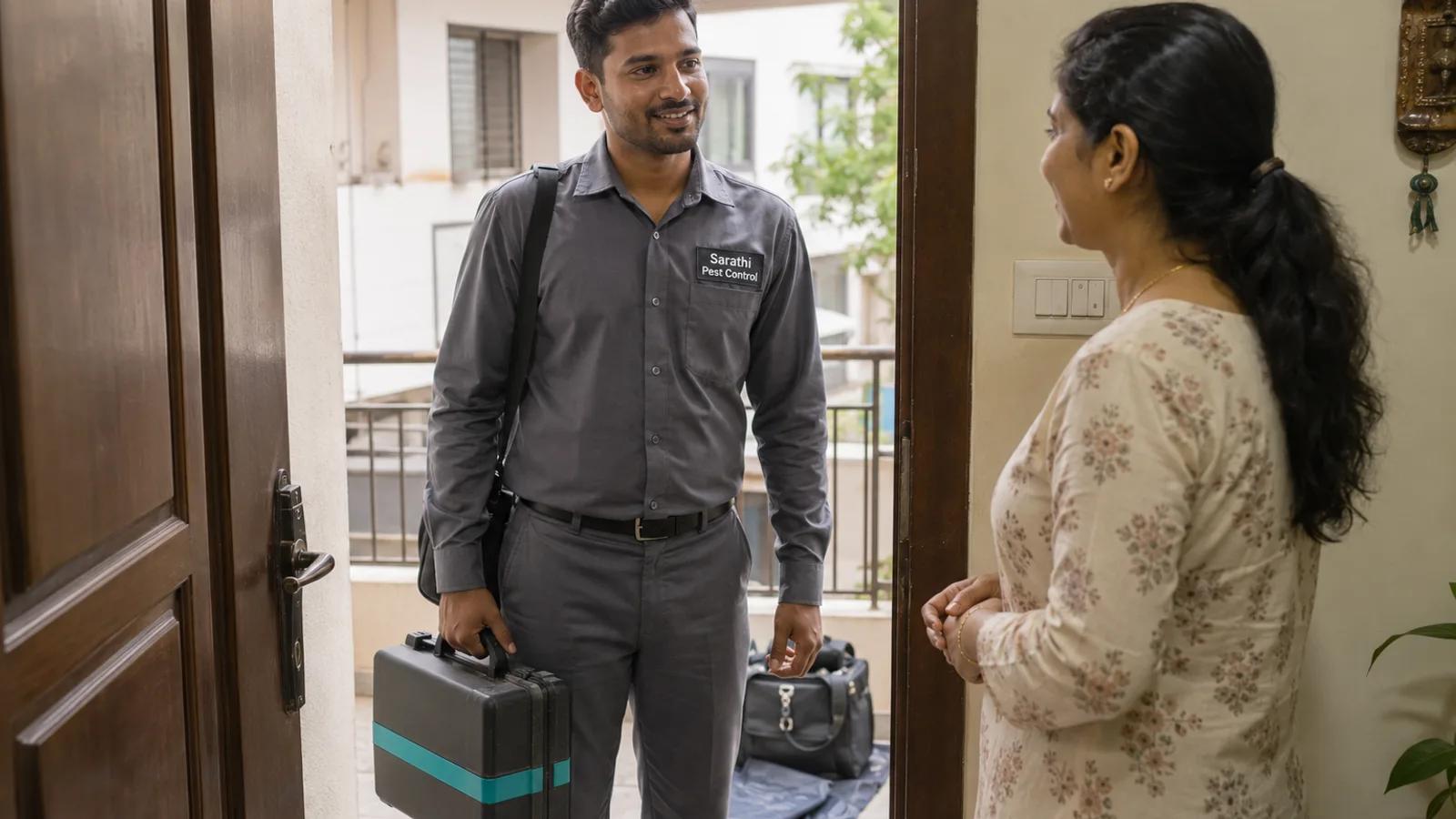 A uniformed pest control technician with a chest patch reading Sarathi Pest Control standing at an apartment doorway with an equipment case, talking to the resident — no pests or distress in the frame