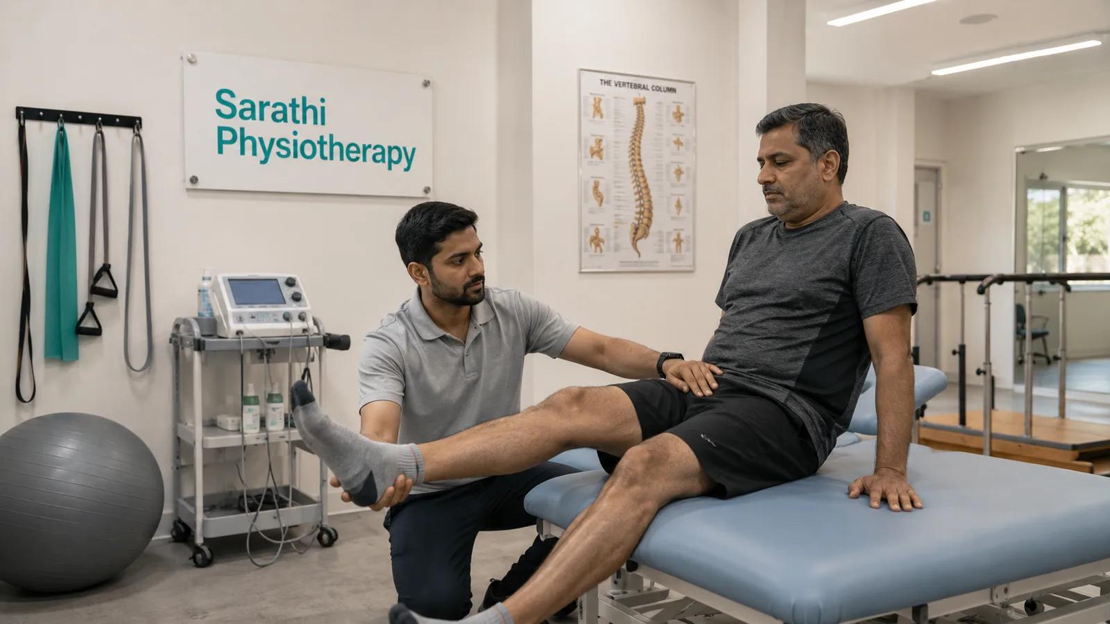 A physiotherapist guiding a middle-aged man through a knee exercise on a treatment couch in a bright clinic, an exercise ball and resistance bands nearby, a wall chart of the spine behind them, and a sign reading Sarathi Physiotherapy