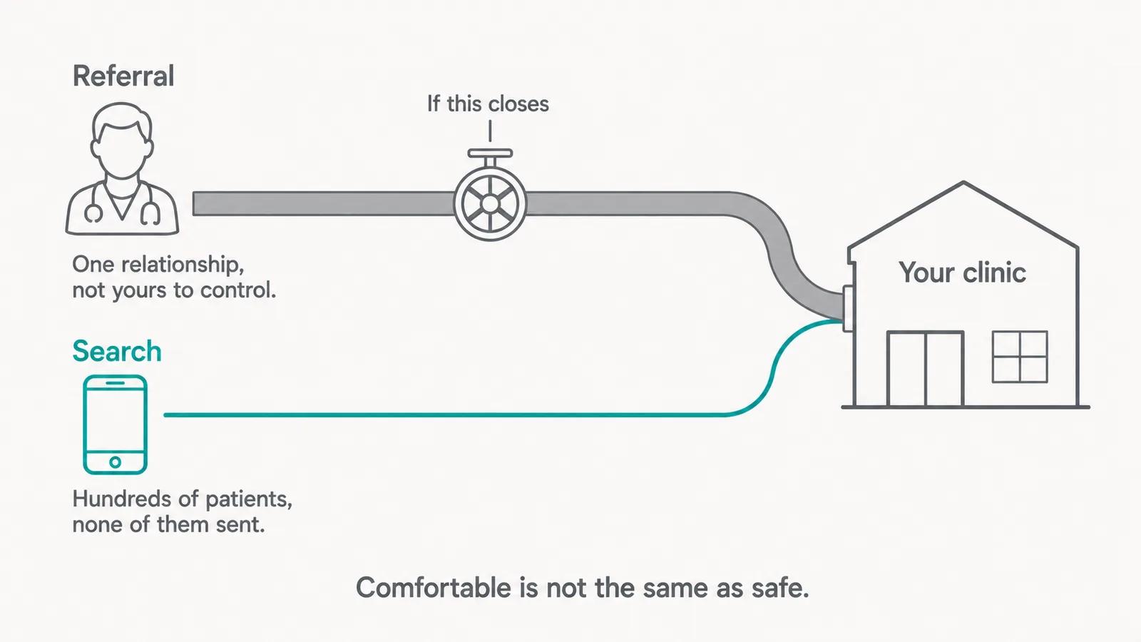 Two pipes feeding one clinic. The upper grey pipe is labelled Referral, fed from a doctor icon, with the note One relationship, not yours to control. The lower teal pipe is labelled Search, fed from a phone icon, with the note Hundreds of patients, none of them sent. A grey valve on the upper pipe is labelled If this closes. A caption reads Comfortable is not the same as safe