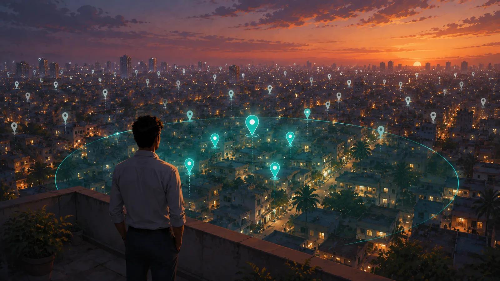 An estate agent on a rooftop at dusk looking out over a vast city. A teal ring on the ground marks the small area where their ranking is strong; the map pins inside it glow teal while the hundreds beyond it fade to grey