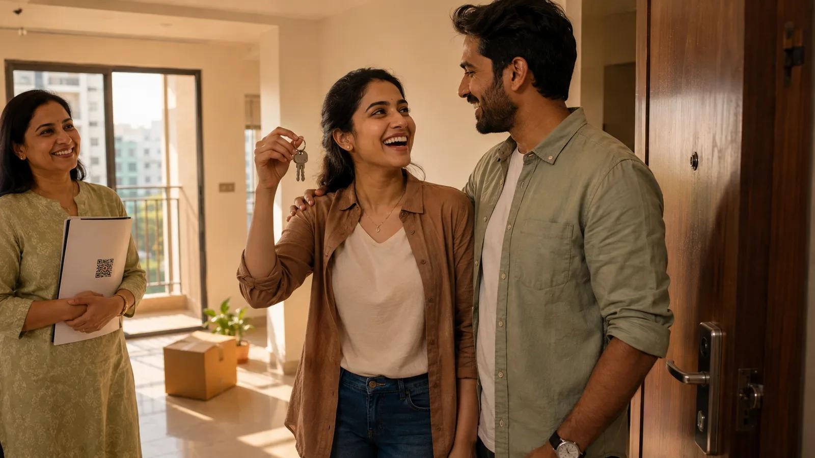 An estate agent handing keys to a delighted young couple in their new flat, a printed QR code visible on the folder she is holding