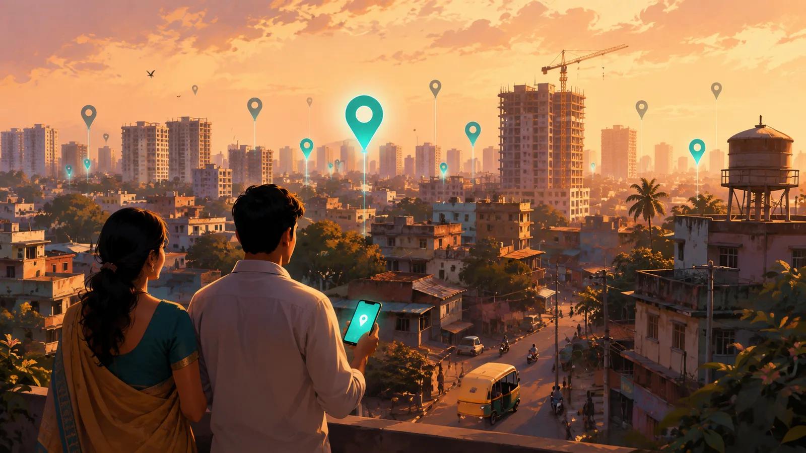 An Indian couple on a rooftop at golden hour looking out over a city of apartment towers and construction cranes, with map pins floating above the skyline — bright teal near the centre, fading to grey toward the edges