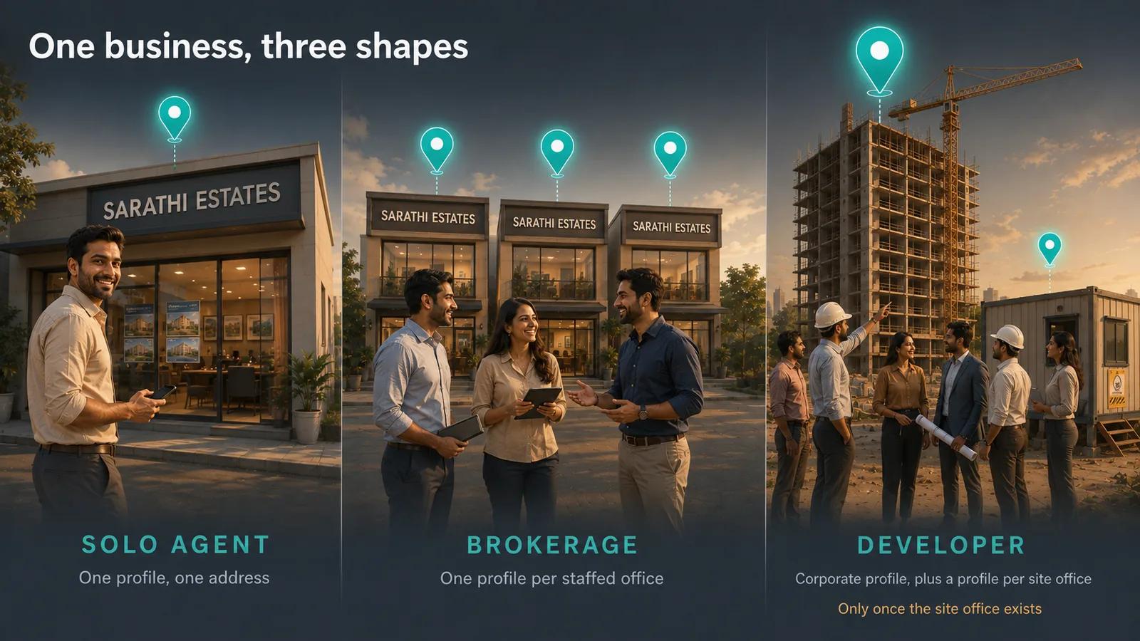 Three panels comparing how a solo agent, a brokerage and a developer structure their Google Business Profiles: one profile at one address; one profile per staffed office, all three offices carrying the same firm name; and a corporate profile plus a profile per site office, once that site office exists