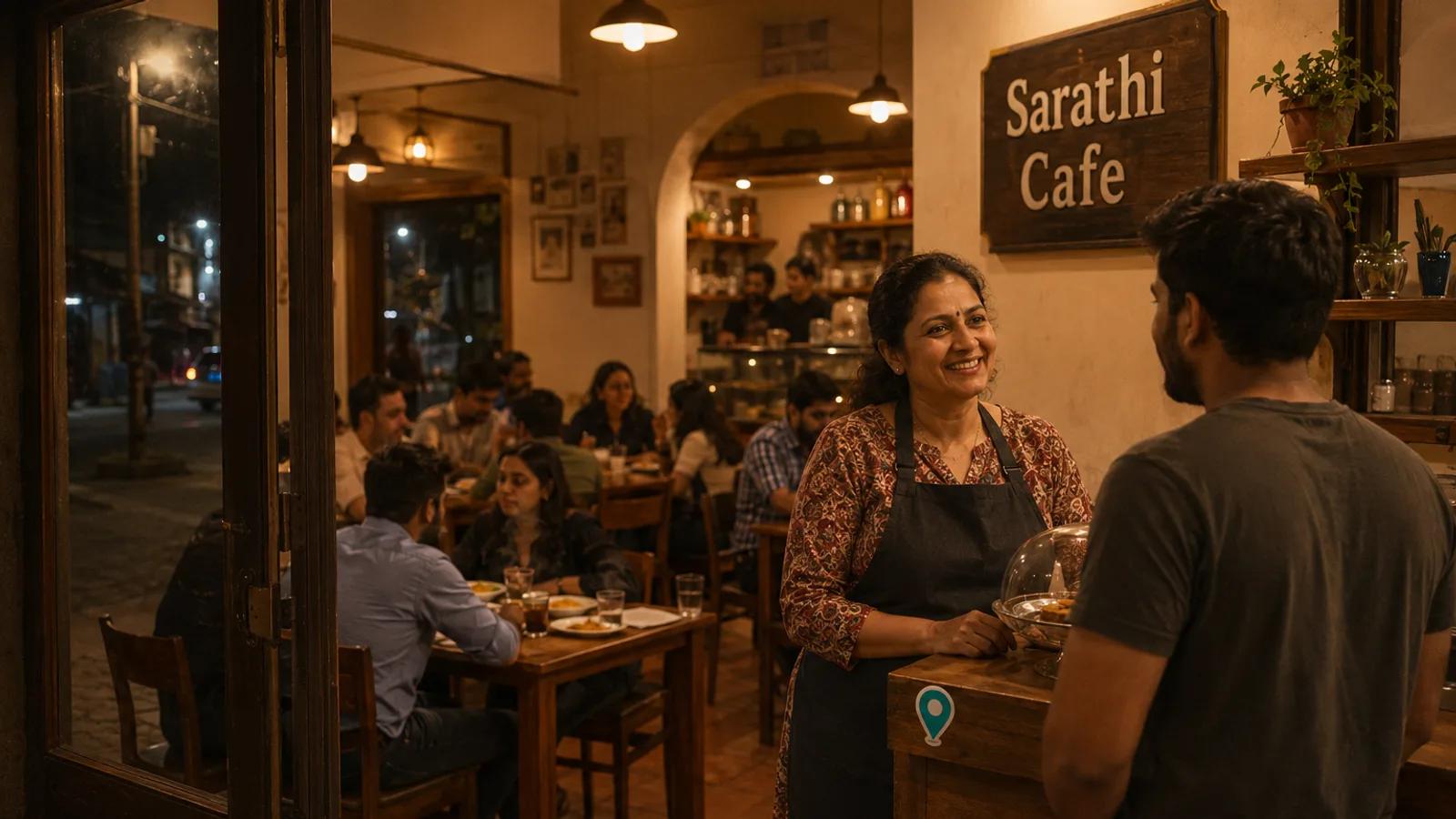 A busy neighbourhood cafe at night seen from the doorway, most tables occupied, the owner in an apron talking to a customer at a wooden counter beneath a painted signboard reading Sarathi Cafe