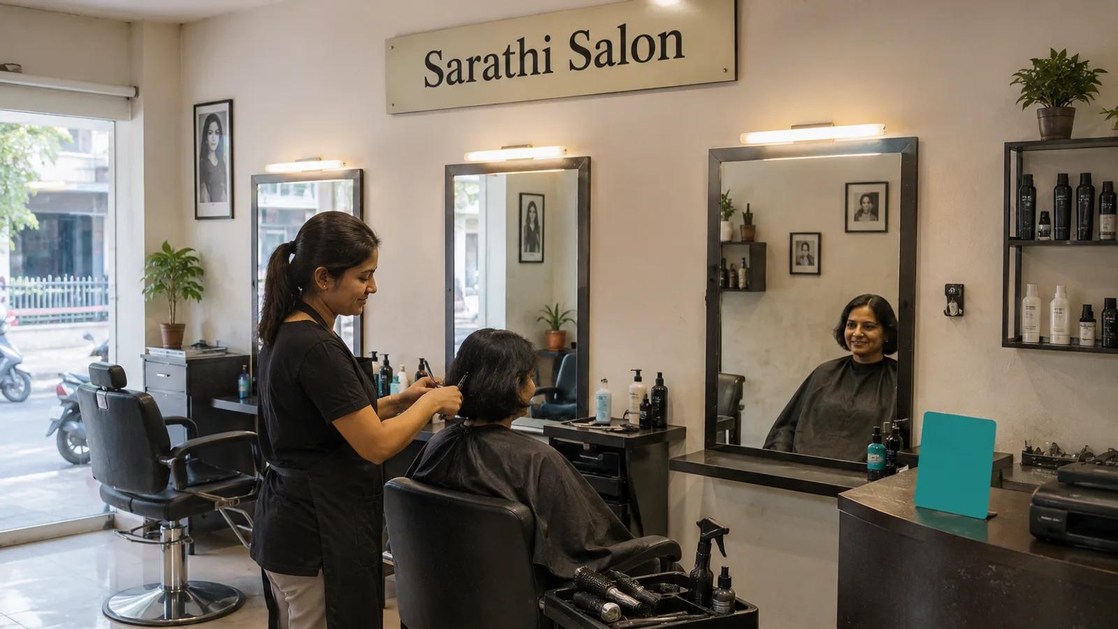 A neighbourhood salon interior with a stylist cutting a seated client’s hair, three mirrored stations, a reception counter and a signboard above the mirrors reading Sarathi Salon