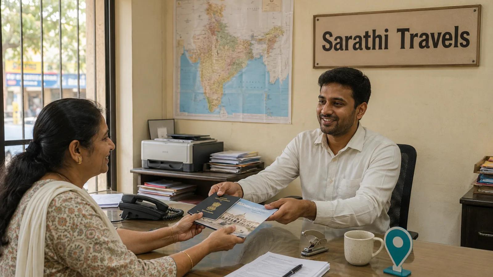 A travel agent handing a passport and a printed folder back across a desk to an older woman customer in a small Indian agency office, with a paper map of India and a signboard reading Sarathi Travels on the wall behind