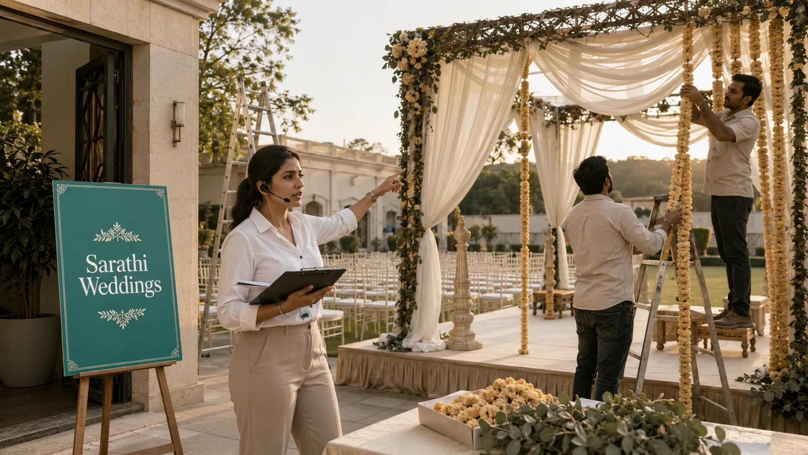 A wedding planner with a clipboard and headset directing two decorators adjusting a garland and drape mandap at an Indian wedding venue in the late afternoon, rows of chairs being set out behind them, and a teal welcome board on an easel at the entrance reading Sarathi Weddings