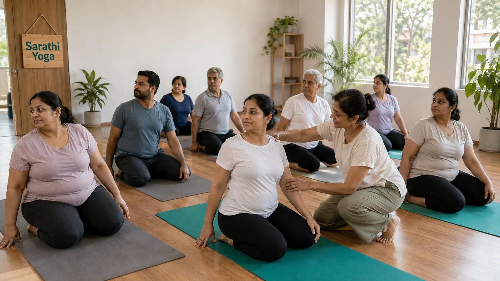 A yoga teacher adjusting the posture of one of eight adult students of mixed ages on mats in a bright wooden-floored studio with large windows and plants, and a small sign by the door reading Sarathi Yoga