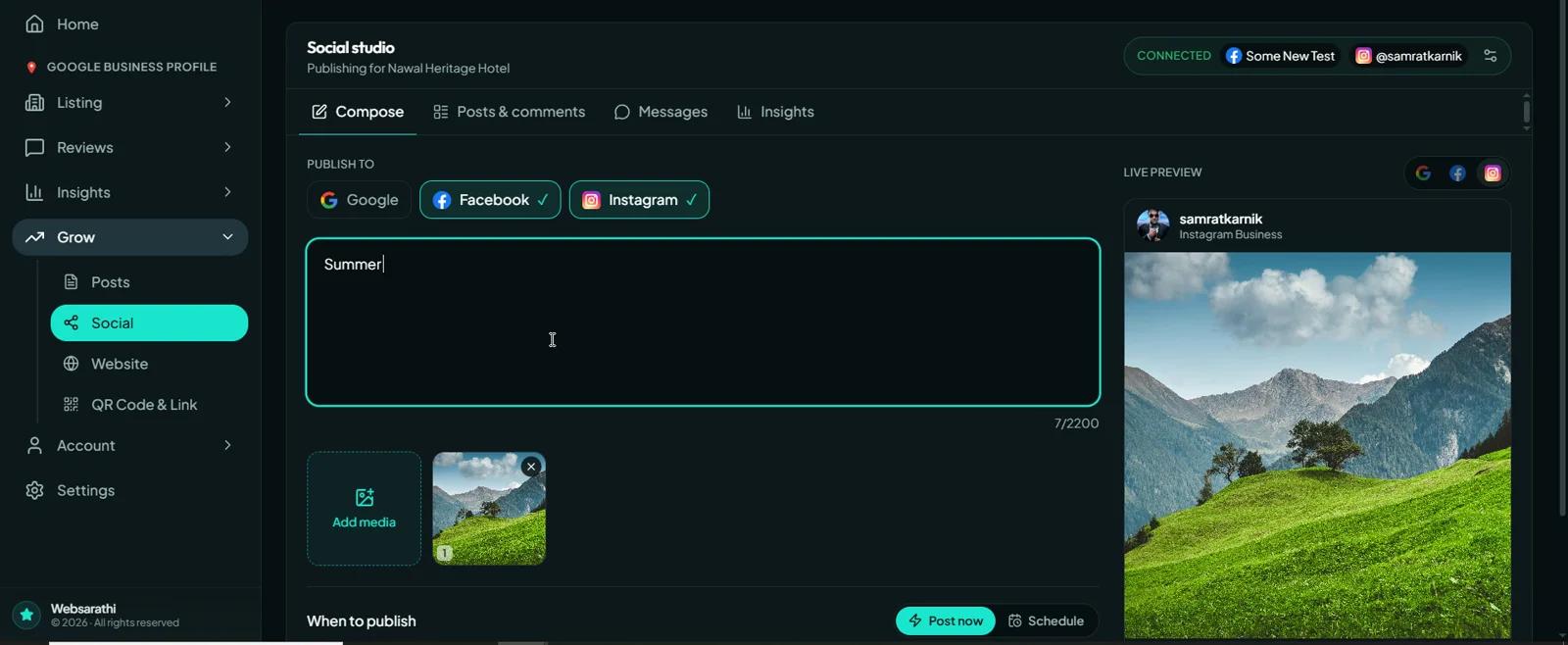Web Sarathi social studio publishing a post to Facebook and Instagram with a live preview
