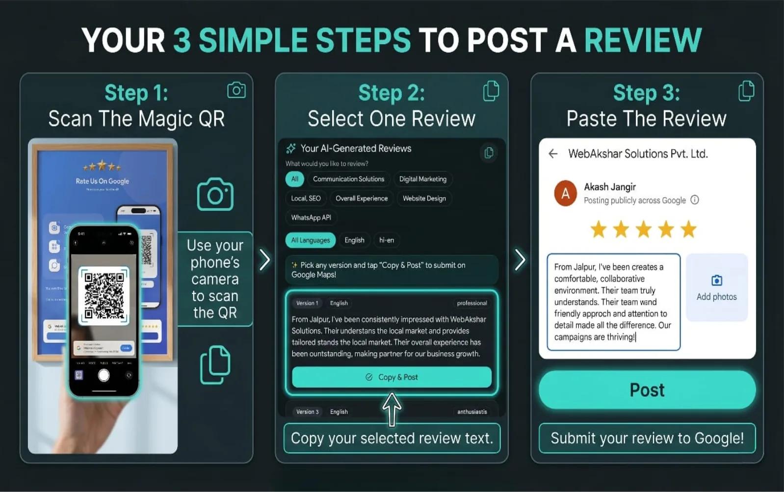 QR code review flow — scan, select, paste