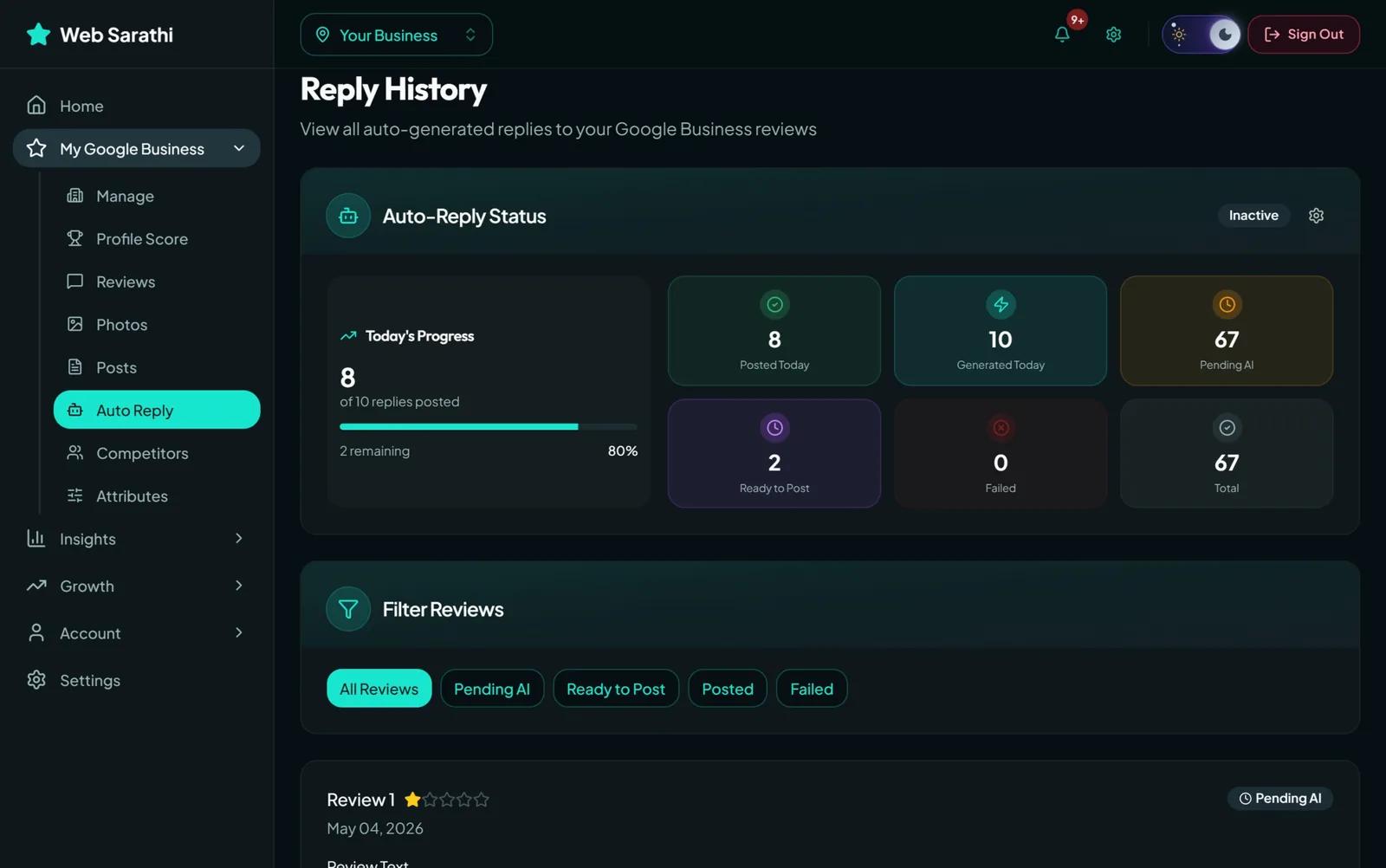 Review management inbox with AI-drafted replies