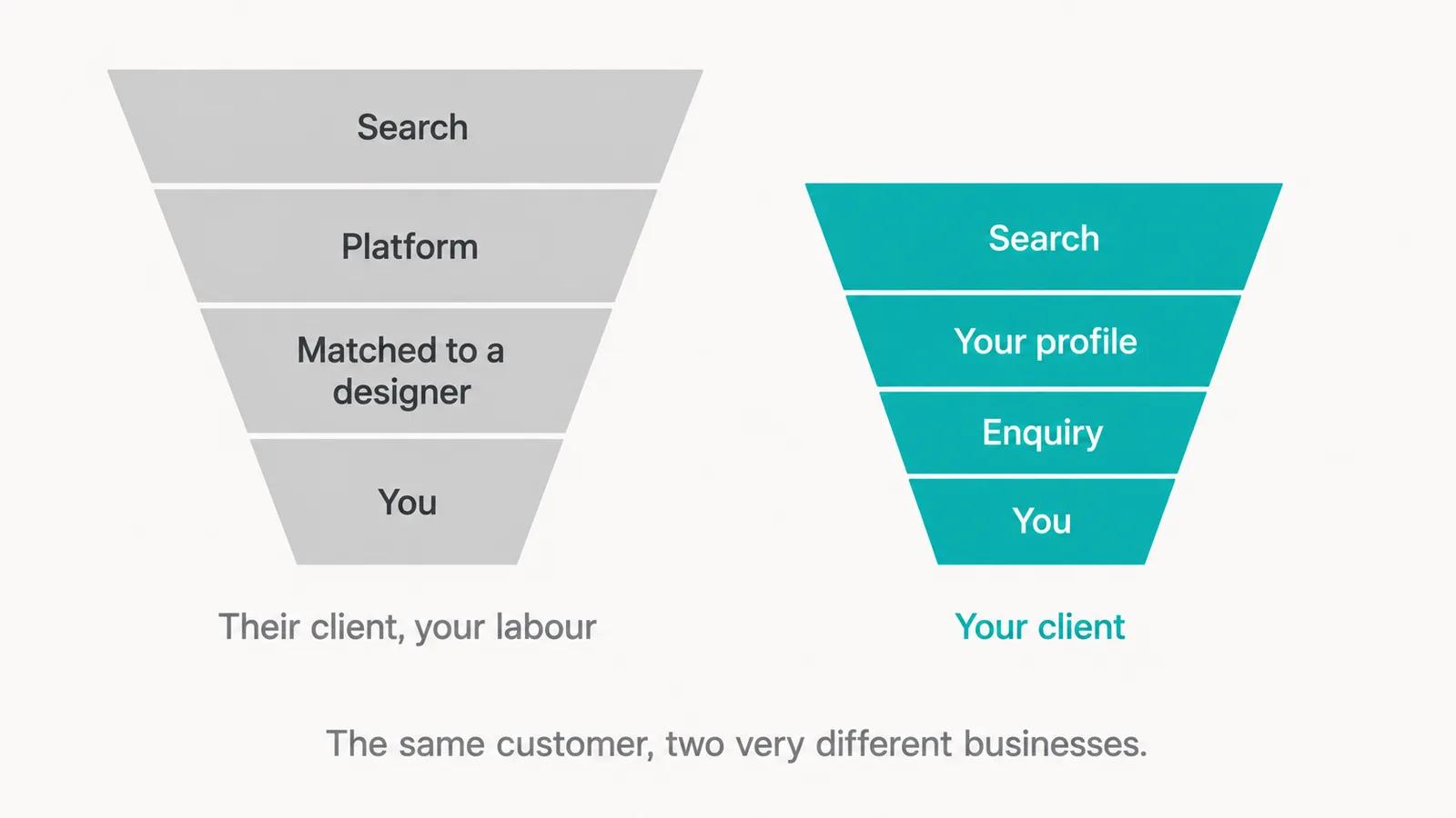 Two funnels side by side. The grey one runs Search, then Platform, then Matched to a designer, then You, with a label reading Their client, your labour. The teal one runs Search, then Your profile, then Enquiry, then You, with a label reading Your client. A caption reads The same customer, two very different businesses